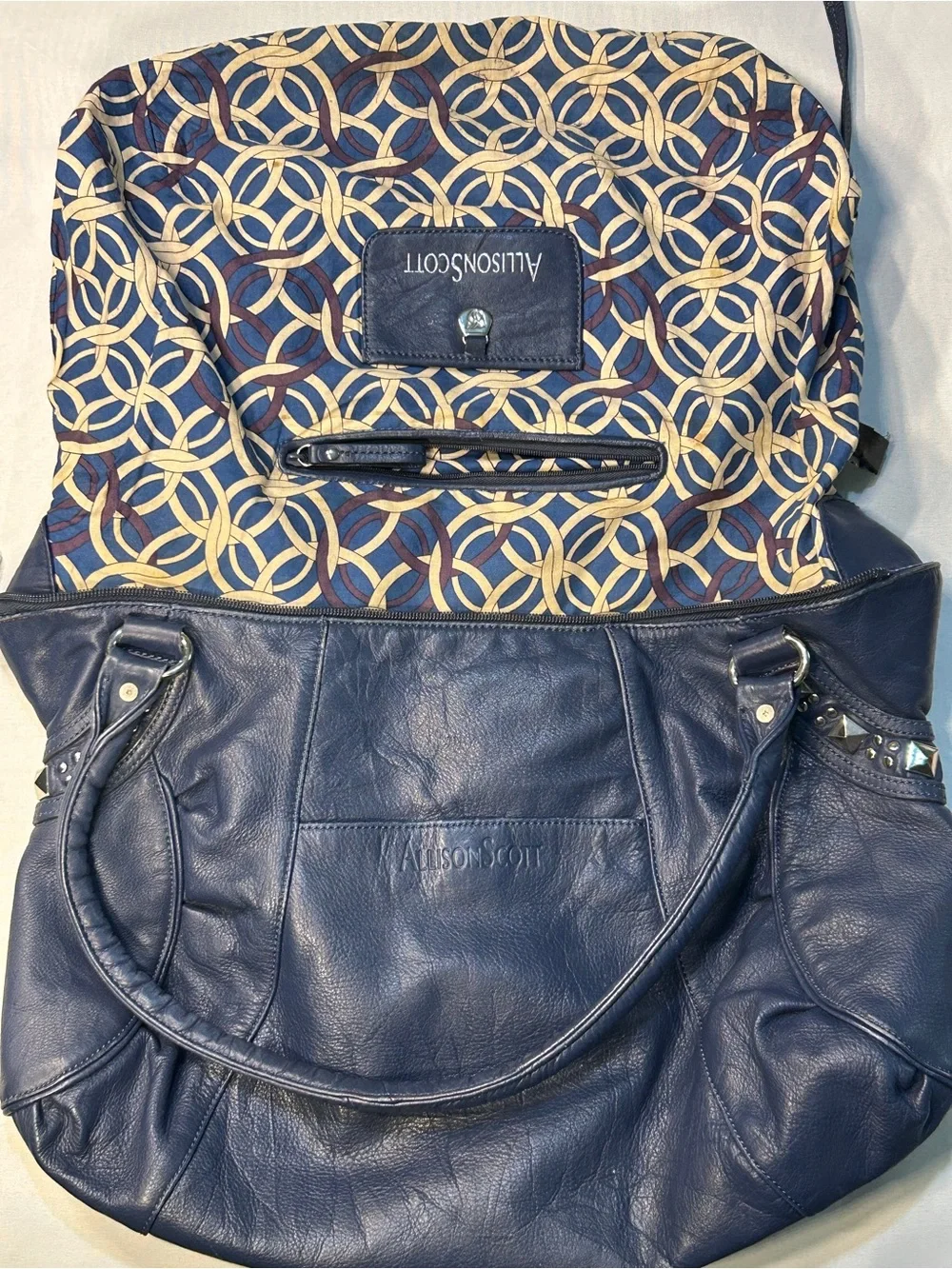 Allison Scott Navy Blue Genuine Leather Shoulder Hobo Style Studded Purse
